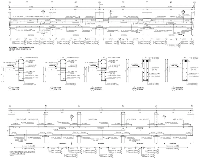 Detailed beam reinforcement shop drawing showing rebar layout, bar marks, dimensions, sections and bending details for a construction project.