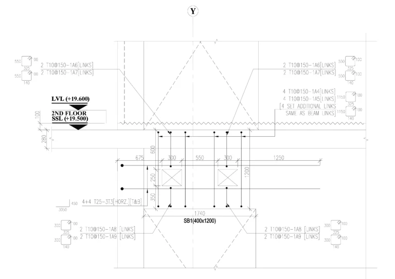 Core wall reinforcement shop drawing showing development length and lap splice detailing as per ACI 318 requirements