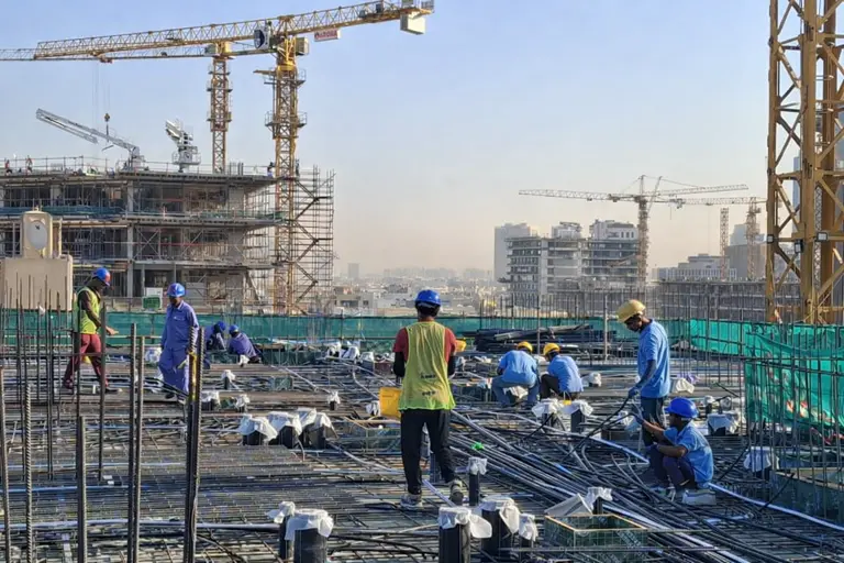 Construction site showing reinforced concrete structure with accurately installed reinforcement based on rebar shop drawings